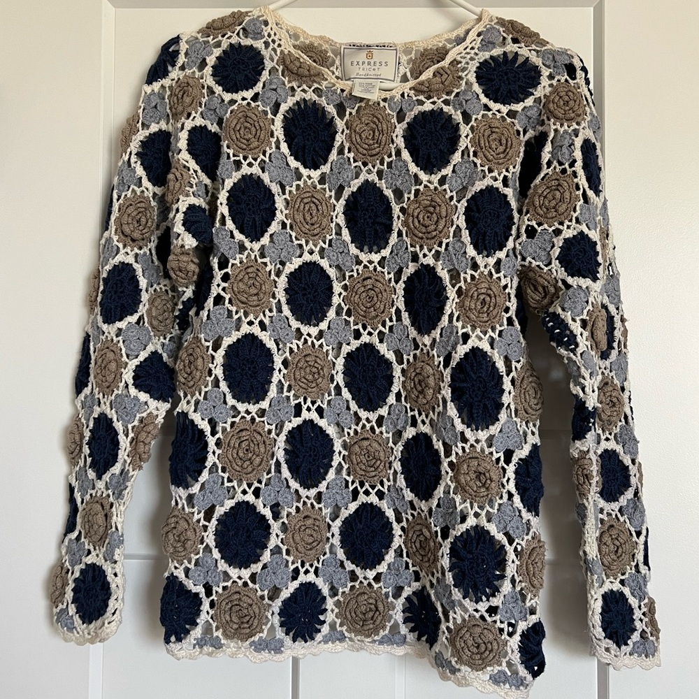 Vintage Express Tricot Hand Knitted Crochet Floral Sweater | Size XS